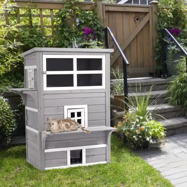 Caseta para Gatos de Madera Exterior Casa Grande para Gatos de 3 Pisos con Múltiples Entradas Ventanas y 2 Plataformas para Terraza Balcón Jardín 98x68,5x122 cm Gris - Imagen 11