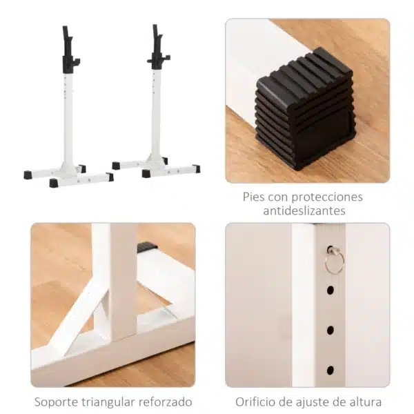 Soporte para Barras de Pesas Ajustable Estante de Acero para Levantamiento de Pesas Carga Máx. 150 kg Entrenamiento en Gimnasio Hogar 52x48x105-160 cm Blanco - Imagen 5