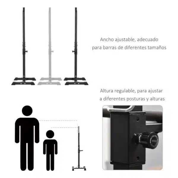 Soporte para Barras de Pesas Ajustable Estante de Acero para Levantamiento de Pesas Carga Máx. 150 kg Entrenamiento en Gimnasio Hogar 50x49x124-154 cm Negro - Imagen 5