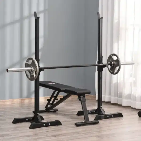 Soporte para Barras de Pesas Ajustable Estante de Acero para Levantamiento de Pesas Carga Máx. 150 kg Entrenamiento en Gimnasio Hogar 50x49x124-154 cm Negro - Imagen 4