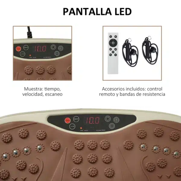 Plataforma Vibratoria con 2 Bandas Elásticas 200W Control Remoto 99 Velocidades USB Pantalla LED 54x33x14cm Café y Negro - Imagen 8