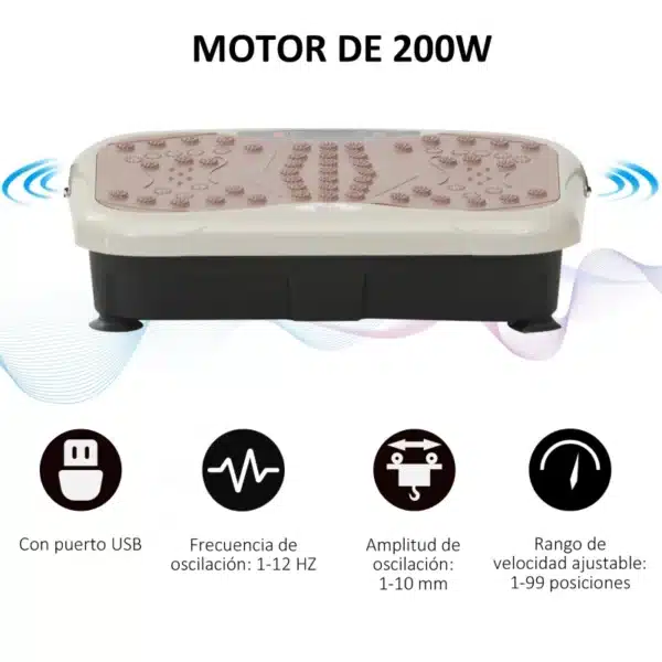 Plataforma Vibratoria con 2 Bandas Elásticas 200W Control Remoto 99 Velocidades USB Pantalla LED 54x33x14cm Café y Negro - Imagen 7