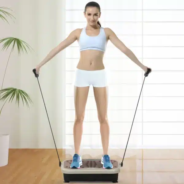 Plataforma Vibratoria con 2 Bandas Elásticas 200W Control Remoto 99 Velocidades USB Pantalla LED 54x33x14cm Café y Negro