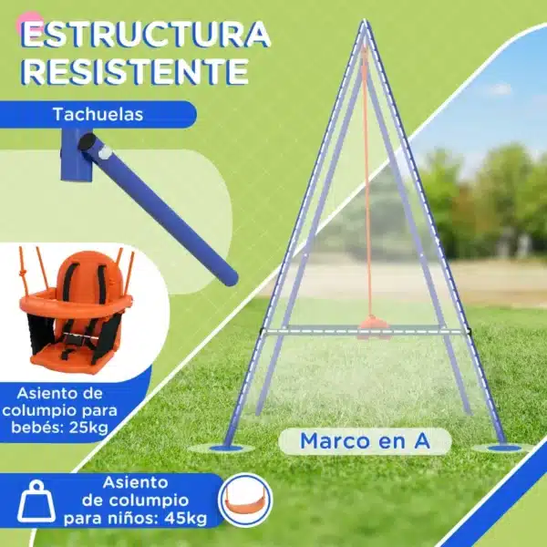 Columpio para Niños y Bebés con 1 Silla para Niños 1 Silla para Bebés y Cinturón de Seguridad 180x160x182 cm Naranja - Imagen 7