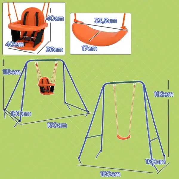 Columpio para Niños y Bebés con 1 Silla para Niños 1 Silla para Bebés y Cinturón de Seguridad 180x160x182 cm Naranja - Imagen 8