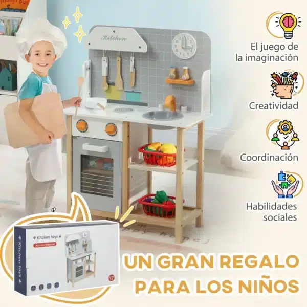 Cocinita Infantil Cocinita de Madera Infantil con Sonido Fogón Horno Grifo Fregadero y Accesorios de Cocina Gris - Imagen 6
