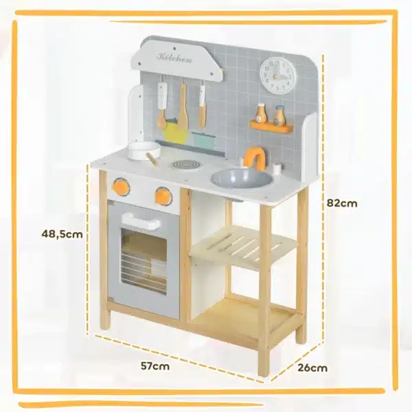 Cocinita Infantil Cocinita de Madera Infantil con Sonido Fogón Horno Grifo Fregadero y Accesorios de Cocina Gris - Imagen 9