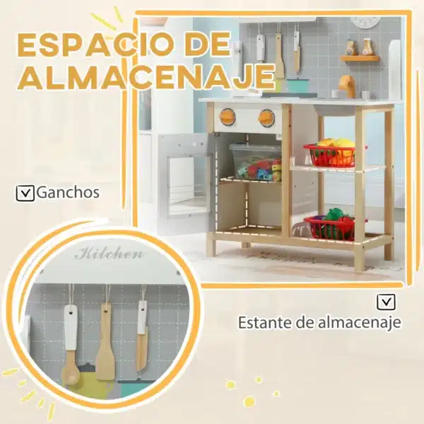 Cocinita Infantil Cocinita de Madera Infantil con Sonido Fogón Horno Grifo Fregadero y Accesorios de Cocina Gris - Imagen 5