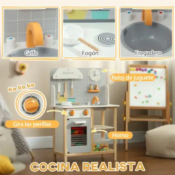 Cocinita Infantil Cocinita de Madera Infantil con Sonido Fogón Horno Grifo Fregadero y Accesorios de Cocina Gris - Imagen 8