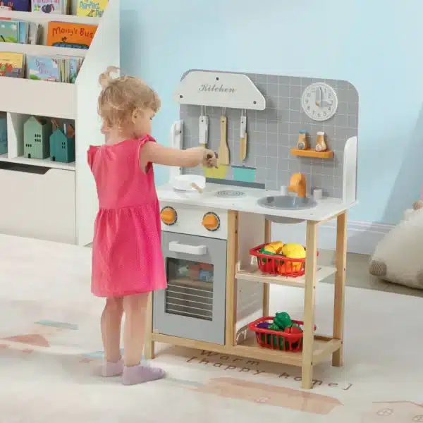 Cocinita Infantil Cocinita de Madera Infantil con Sonido Fogón Horno Grifo Fregadero y Accesorios de Cocina Gris - Imagen 10