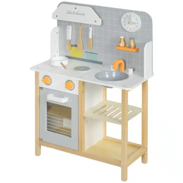 Cocinita Infantil Cocinita de Madera Infantil con Sonido Fogón Horno Grifo Fregadero y Accesorios de Cocina Gris - Imagen 2