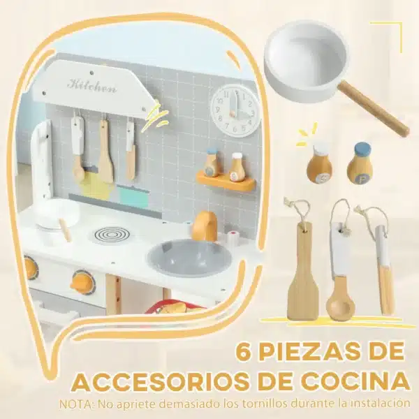 Cocinita Infantil Cocinita de Madera Infantil con Sonido Fogón Horno Grifo Fregadero y Accesorios de Cocina Gris - Imagen 7
