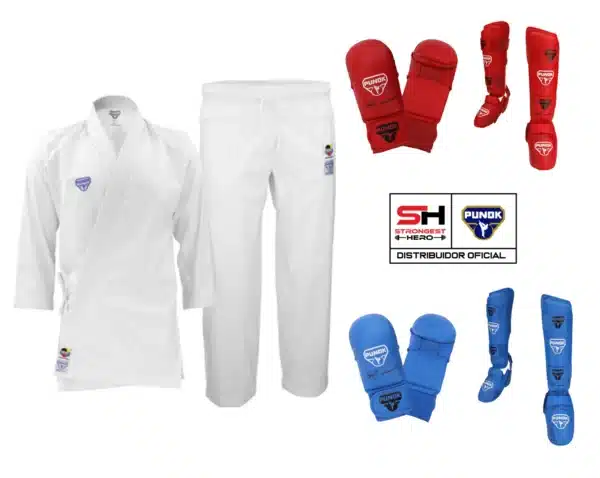 KIT KARATEGI KUMITE BLITZ I LOGO AZUL PUNOK + PROTECCIONES (PETO NO INCLUIDO)