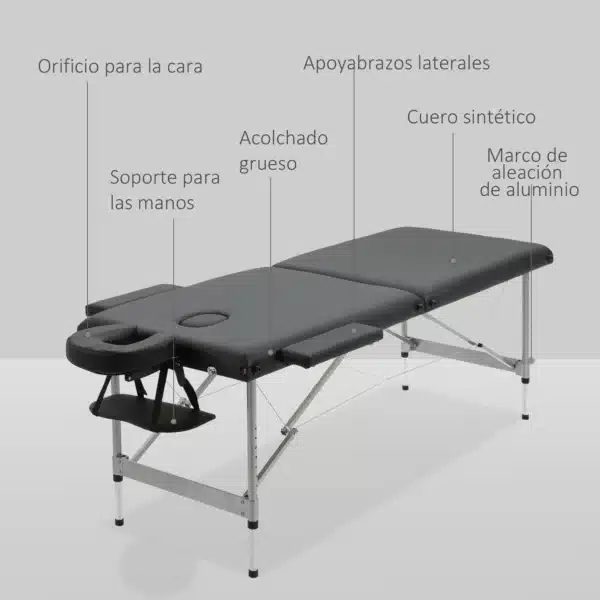 Camilla de Masaje Plegable con Altura Ajustable en 7 Posiciones Reposacabezas y Apoyabrazos 186x71x62-83 cm Negro - Imagen 7