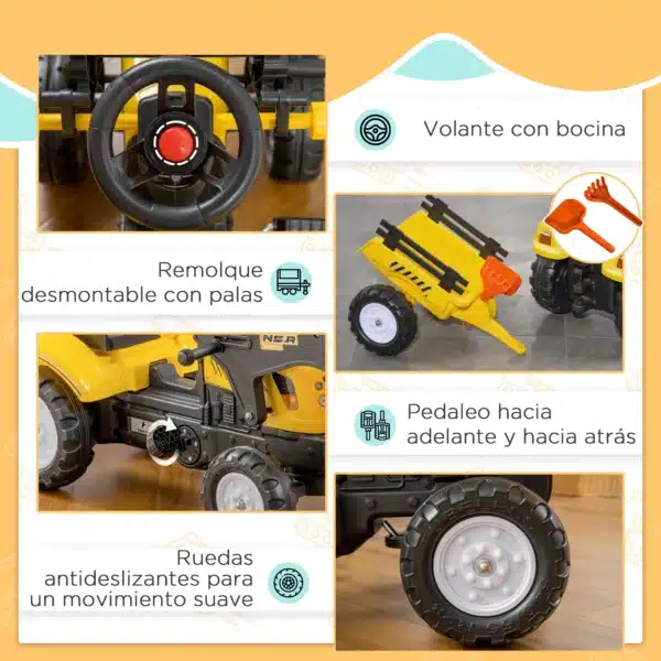 Tractor a Pedales para Niños de 3 Años Excavadora Infantil con Remolque Extraíble y Pala Delantera 167x41x52 cm Amarillo - Imagen 7