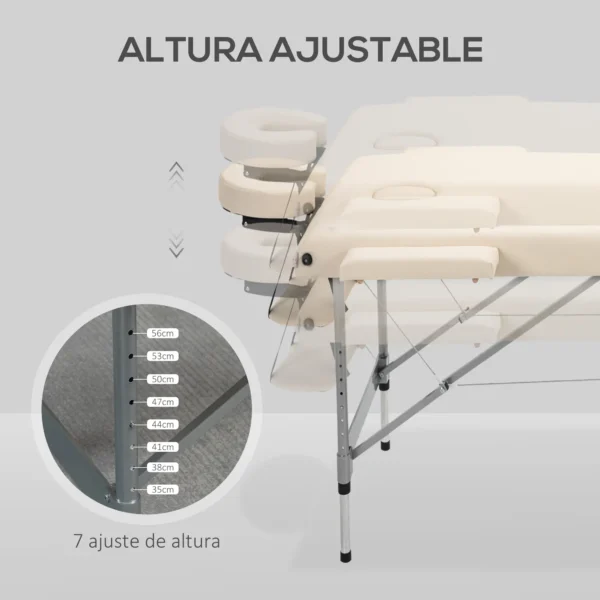 Camilla de Masaje Plegable con Altura Ajustable en 7 Posiciones Reposacabezas y Apoyabrazos 186x71x62-83 cm Beige - Imagen 8
