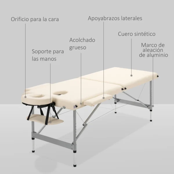 Camilla de Masaje Plegable con Altura Ajustable en 7 Posiciones Reposacabezas y Apoyabrazos 186x71x62-83 cm Beige - Imagen 7