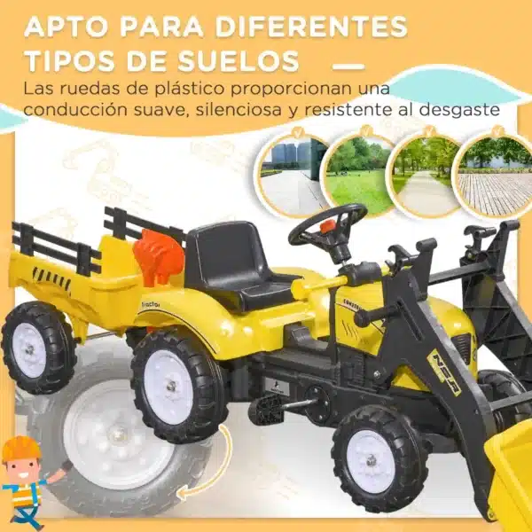 Tractor a Pedales para Niños de 3 Años Excavadora Infantil con Remolque Extraíble y Pala Delantera 167x41x52 cm Amarillo - Imagen 6