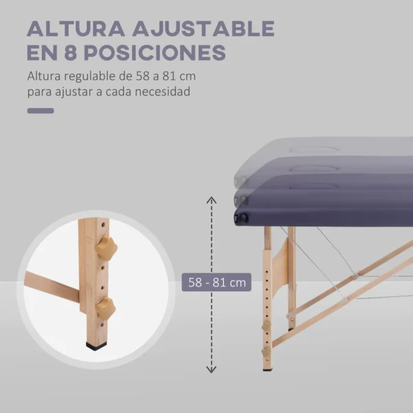 Camilla de Masaje Plegable con Marco de Madera con Altura Regulable y Bolsa de Transporte 186x60x58-81 cm Púrpura/NEGRO/CREMA - Imagen 7