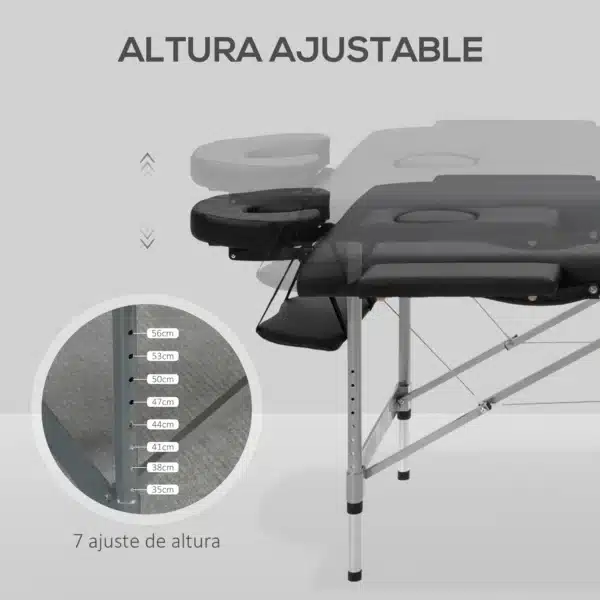 Camilla de Masaje Plegable con Altura Ajustable en 7 Posiciones Reposacabezas y Apoyabrazos 186x71x62-83 cm Negro - Imagen 8