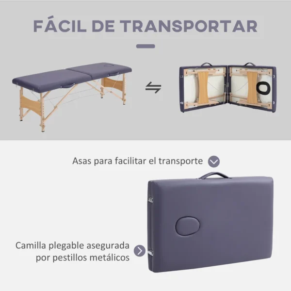 Camilla de Masaje Plegable con Marco de Madera con Altura Regulable y Bolsa de Transporte 186x60x58-81 cm Púrpura/NEGRO/CREMA - Imagen 5