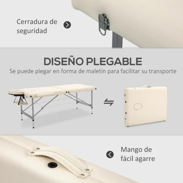 Camilla de Masaje Plegable con Altura Ajustable en 7 Posiciones Reposacabezas y Apoyabrazos 186x71x62-83 cm Beige - Imagen 6