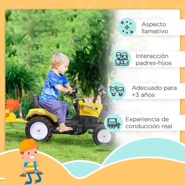Tractor a Pedales para Niños de 3 Años Excavadora Infantil con Remolque Extraíble y Pala Delantera 167x41x52 cm Amarillo - Imagen 5