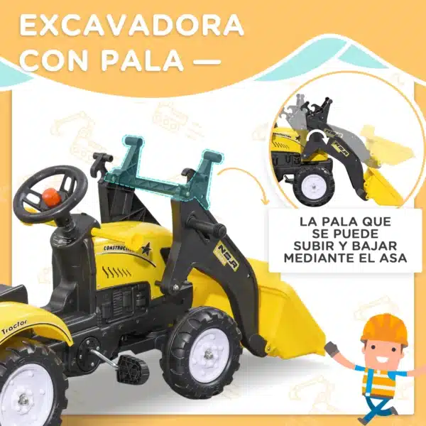 Tractor a Pedales para Niños de 3 Años Excavadora Infantil con Remolque Extraíble y Pala Delantera 167x41x52 cm Amarillo - Imagen 8