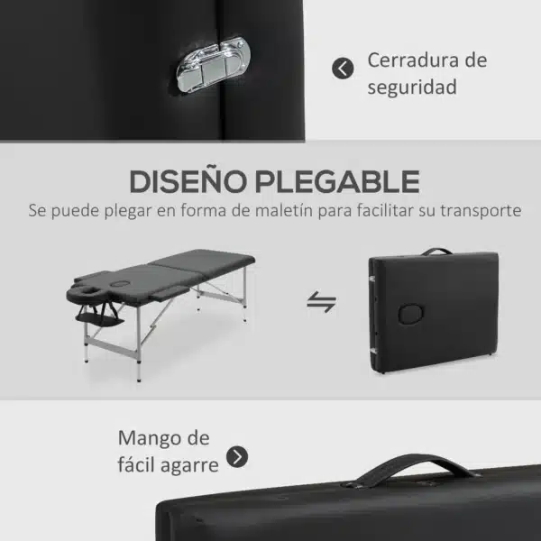 Camilla de Masaje Plegable con Altura Ajustable en 7 Posiciones Reposacabezas y Apoyabrazos 186x71x62-83 cm Negro - Imagen 6