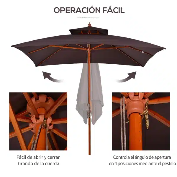 Sombrilla de Jardín 3x3x3 m con Doble Techo Sistema de Polea Impermeable para Terraza Balcón Exterior Marrón - Imagen 7