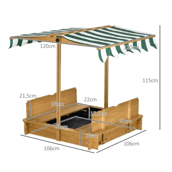 Arenero Infantil con Toldo Ajustable en Altura 2 Bancos y Respaldos Desmontables para Patio 106x106x115 cm Natural - Imagen 9