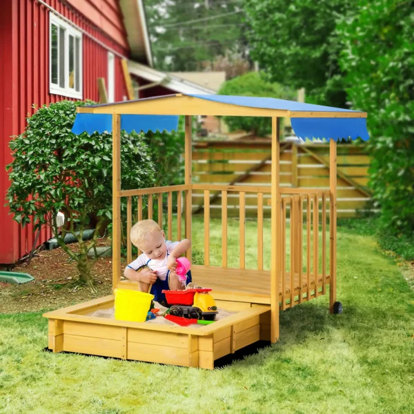 Arenero para Niños Veranda de Madera con Techo y Ruedas Juego para Niños de 3-8 Años para Jardín 133x129x137,5cm Natural - Imagen 10