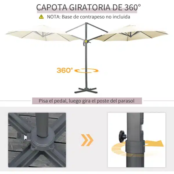 Sombrilla de Jardín de Aluminio Ø300x250 cm con Manivela Toldo Inclinable Giratorio 360° con Pedal y Base Cruzada Crema - Imagen 8