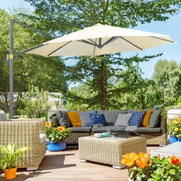 Sombrilla de Jardín de Aluminio Ø300x250 cm con Manivela Toldo Inclinable Giratorio 360° con Pedal y Base Cruzada Crema - Imagen 10