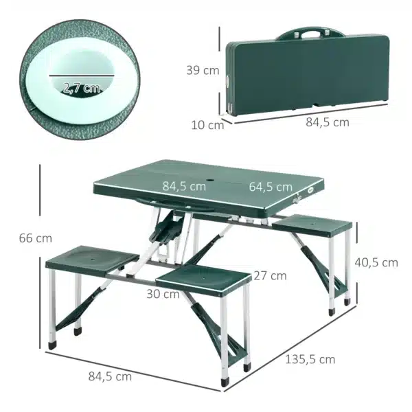 Mesa Maleta de Camping Plegable Portátil 4 Asientos y Agujero Sombrilla Estructura Aluminio Playa Picnic 135.5x84.5x66cm (Verde) - Imagen 8
