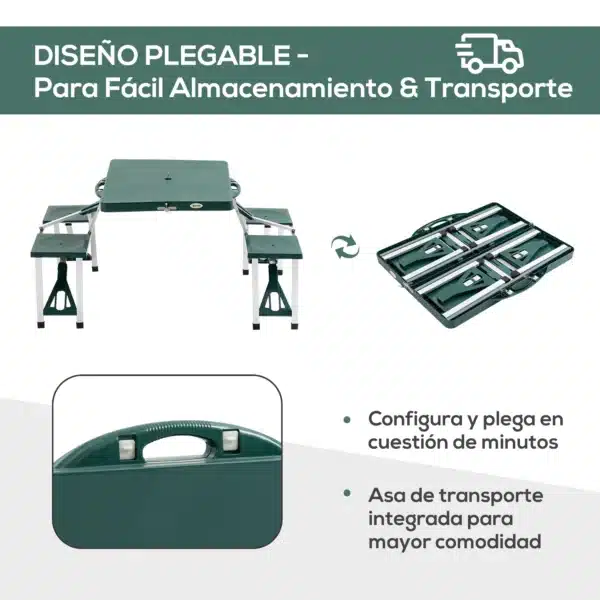 Mesa Maleta de Camping Plegable Portátil 4 Asientos y Agujero Sombrilla Estructura Aluminio Playa Picnic 135.5x84.5x66cm (Verde) - Imagen 7