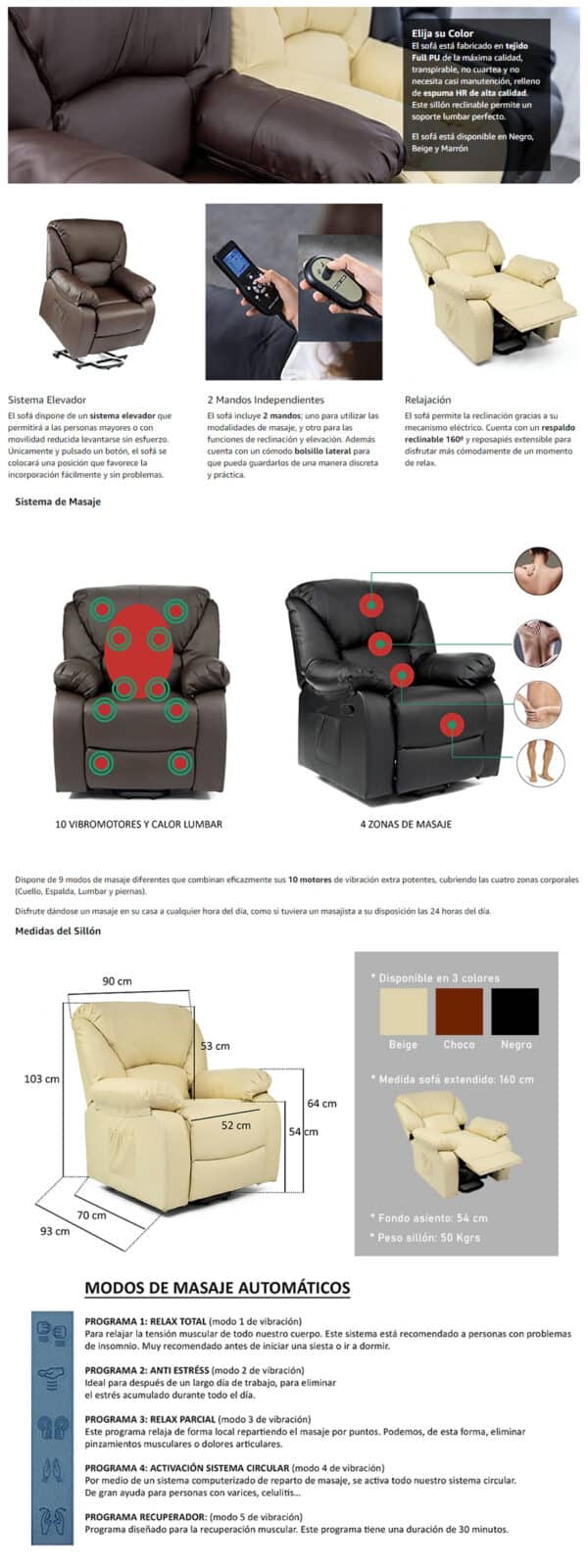 ECODE® Sillón de Masaje Levantapersonas, Reclinación Eléctrica 160º, Función Calor, Programas Auto, Vibro Ondulación, A++ Marrón ECO-8590UP M - Imagen 2