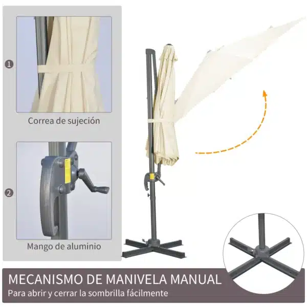 Sombrilla de Jardín de Aluminio Ø300x250 cm con Manivela Toldo Inclinable Giratorio 360° con Pedal y Base Cruzada Crema - Imagen 6