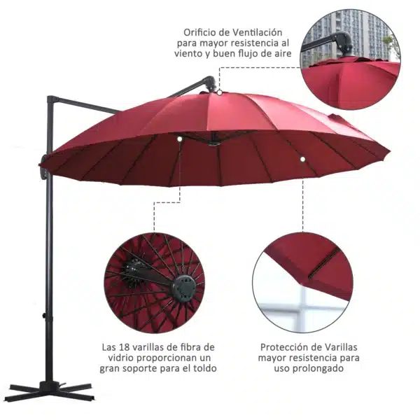 Parasol Sombrilla de Jardín Ø300 cm de Diámetro con Manivela y Poste Giratorio 360° Techo Inclinable en 6 Posiciones Base Cruzada Incluida Rojo - Imagen 5