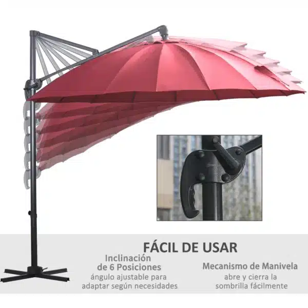 Parasol Sombrilla de Jardín Ø300 cm de Diámetro con Manivela y Poste Giratorio 360° Techo Inclinable en 6 Posiciones Base Cruzada Incluida Rojo - Imagen 7
