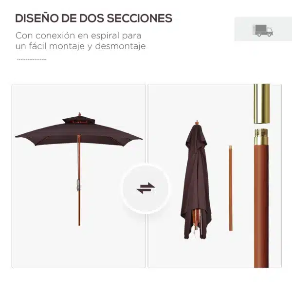 Sombrilla de Jardín 3x3x3 m con Doble Techo Sistema de Polea Impermeable para Terraza Balcón Exterior Marrón - Imagen 6