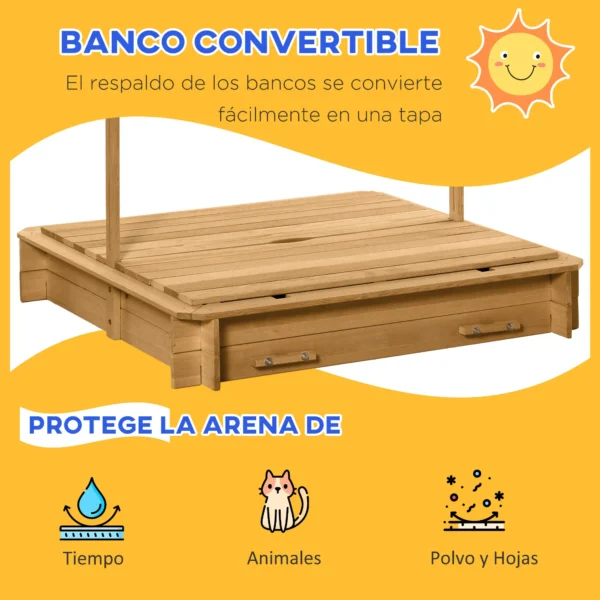 Arenero Infantil con Toldo Ajustable en Altura 2 Bancos y Respaldos Desmontables para Patio 106x106x115 cm Natural - Imagen 7
