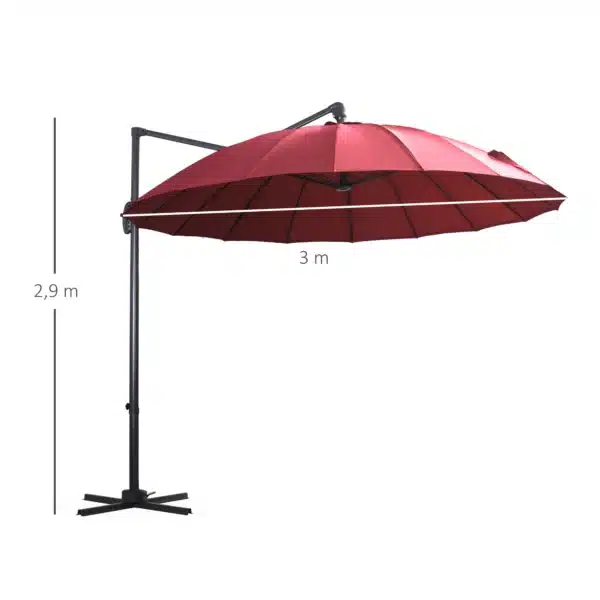 Parasol Sombrilla de Jardín Ø300 cm de Diámetro con Manivela y Poste Giratorio 360° Techo Inclinable en 6 Posiciones Base Cruzada Incluida Rojo - Imagen 8