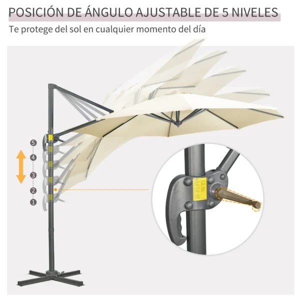 Sombrilla de Jardín de Aluminio Ø300x250 cm con Manivela Toldo Inclinable Giratorio 360° con Pedal y Base Cruzada Crema - Imagen 7