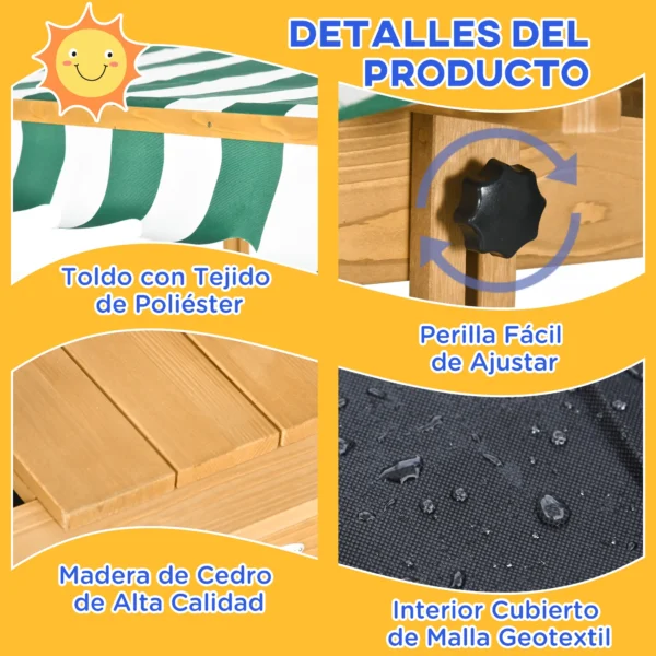 Arenero Infantil con Toldo Ajustable en Altura 2 Bancos y Respaldos Desmontables para Patio 106x106x115 cm Natural - Imagen 5