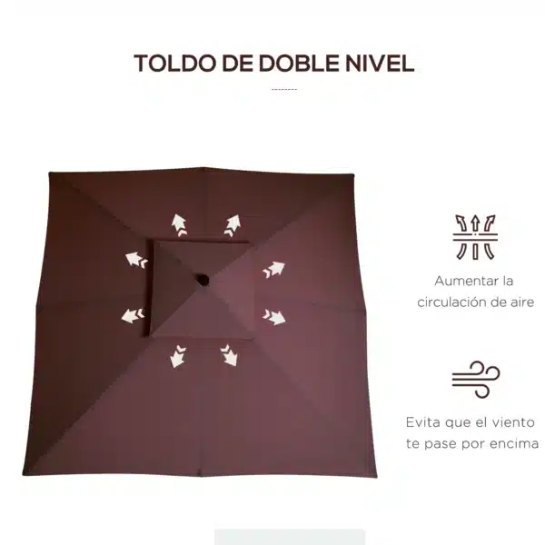 Sombrilla de Jardín 3x3x3 m con Doble Techo Sistema de Polea Impermeable para Terraza Balcón Exterior Marrón - Imagen 8