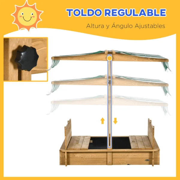 Arenero Infantil con Toldo Ajustable en Altura 2 Bancos y Respaldos Desmontables para Patio 106x106x115 cm Natural - Imagen 8