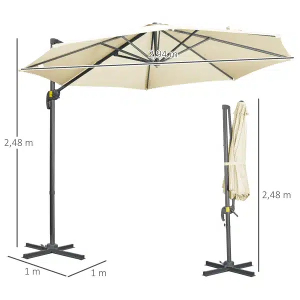Sombrilla de Jardín de Aluminio Ø300x250 cm con Manivela Toldo Inclinable Giratorio 360° con Pedal y Base Cruzada Crema - Imagen 9