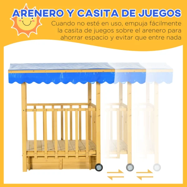 Arenero para Niños Veranda de Madera con Techo y Ruedas Juego para Niños de 3-8 Años para Jardín 133x129x137,5cm Natural - Imagen 8