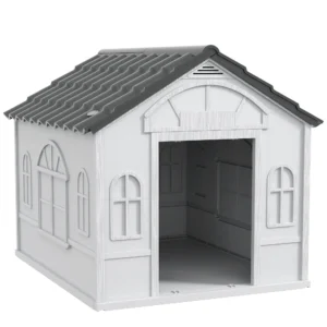 Casa para Perros 84,2x98,2x82 cm con Patrón de Ventana y Techo de Tejas de Imitación para Perros Grandes Gris y Blanco